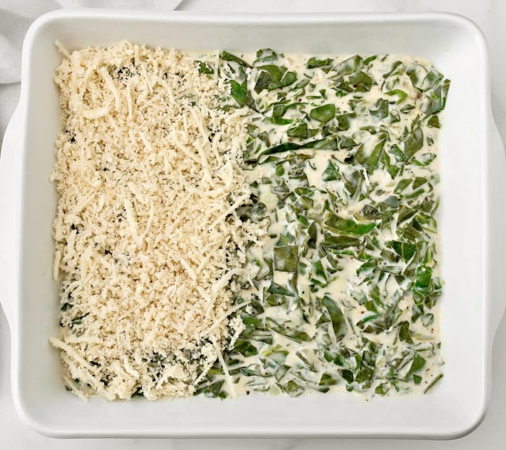 Cheesy Collard Greens Gratin ~ Easy vegetarian casserole with tender collard greens in a rich, creamy sauce made with two kinds of cheese, topped with crispy breadcrumbs.