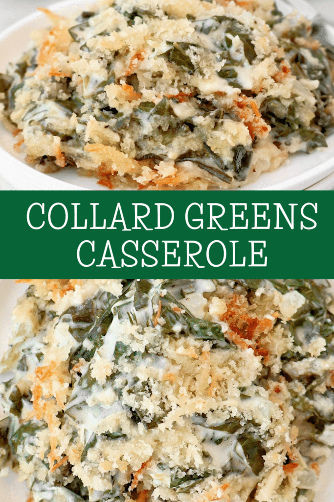 Cheesy Collard Greens Gratin ~ Easy vegetarian casserole with tender collard greens in a rich, creamy sauce made with two kinds of cheese, topped with crispy breadcrumbs.