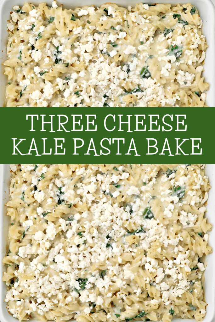 Cheesy Kale Pasta Bake ~ Tender pasta tossed with a creamy three-cheese sauce and fresh kale for an easy and comforting casserole.