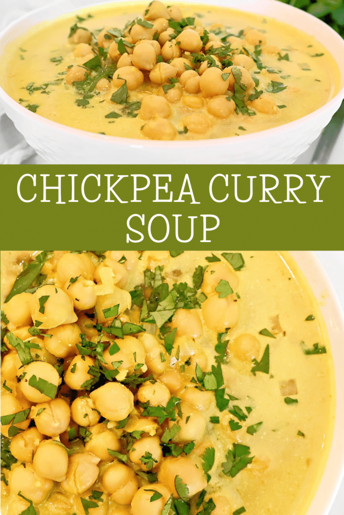 Chickpea Curry Soup ~ Protein-packed chickpeas (garbanzo beans) and warm spices in a comforting soup. Ready in 20 minutes. Vegetarian and Vegan.