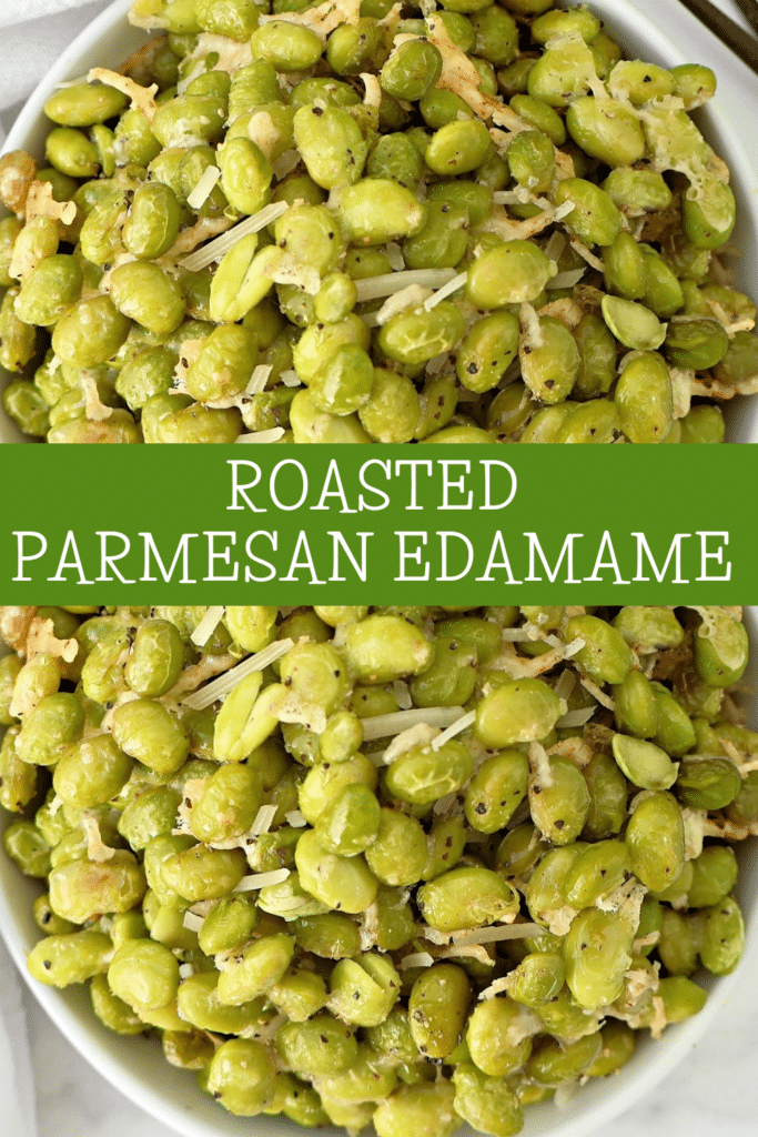 Roasted Edamame with Parmesan ~ Edamame beans coated in a savory blend of Parmesan, garlic, and olive oil, then roasted to perfection.