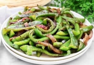 Mexican Peppers and Onions ~ Charred bell peppers and sweet onions seasoned with Mexican oregano and garlic salt - perfect for fajitas or burrito bowls!