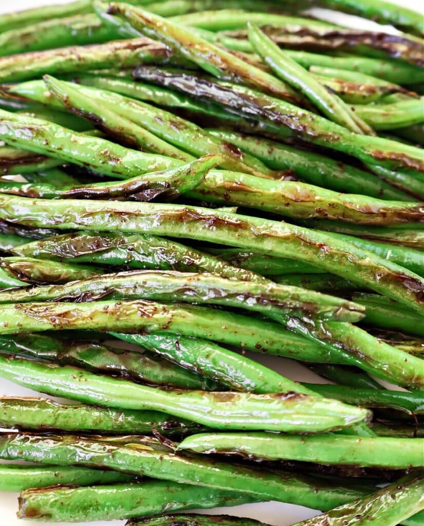 Blistered Green Beans ~ Chinese-style recipe featuring fresh green beans pan-seared with garlic and soy sauce.