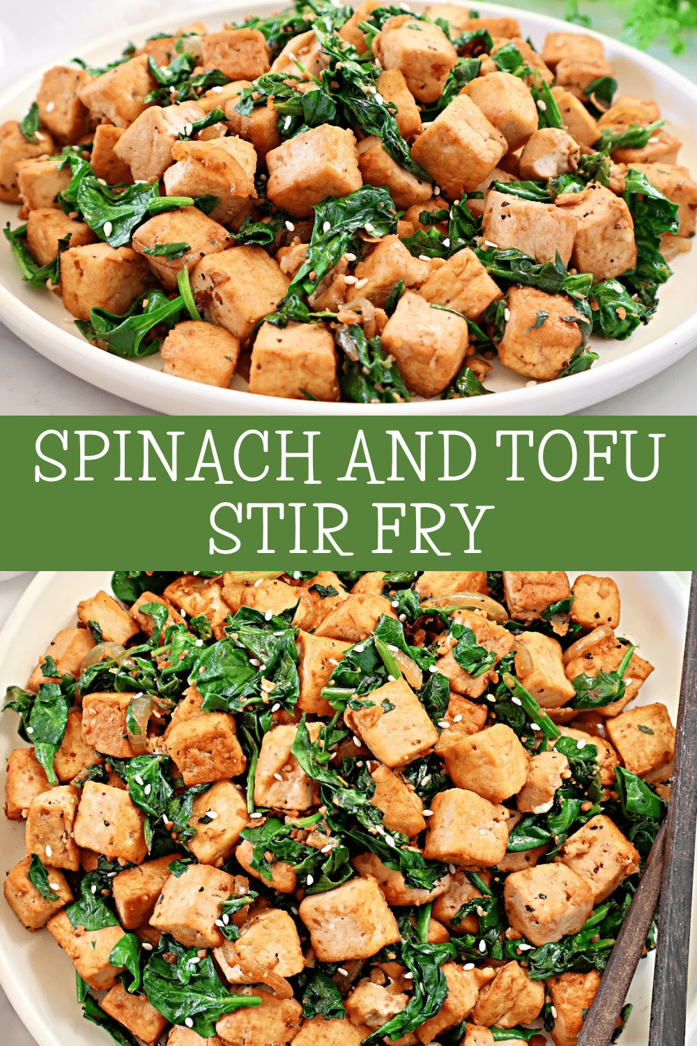 Spinach and Tofu Stir Fry ~ Savory, plant-based stir-fry featuring crisp tofu, sauteed onions, garlic, ginger, and fresh spinach. via @thiswifecooks