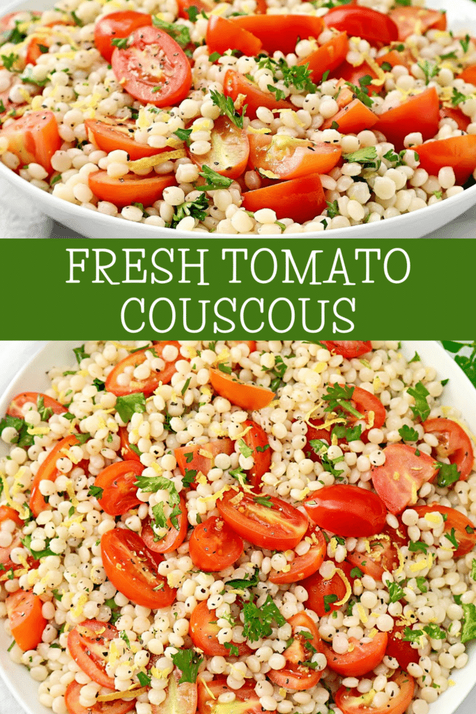 Tomato Couscous ~ Lemony pearl (Israeli) couscous with juicy tomatoes and fresh parsley. Ready in 20 minutes! Vegetarian & Vegan recipe.