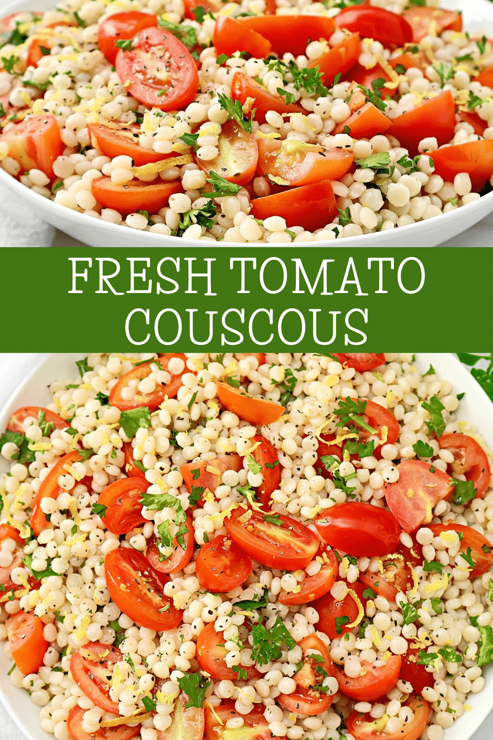 Tomato Couscous ~ Lemony pearl (Israeli) couscous with juicy tomatoes and fresh parsley. Ready in 20 minutes! Vegetarian & Vegan recipe.  via @thiswifecooks