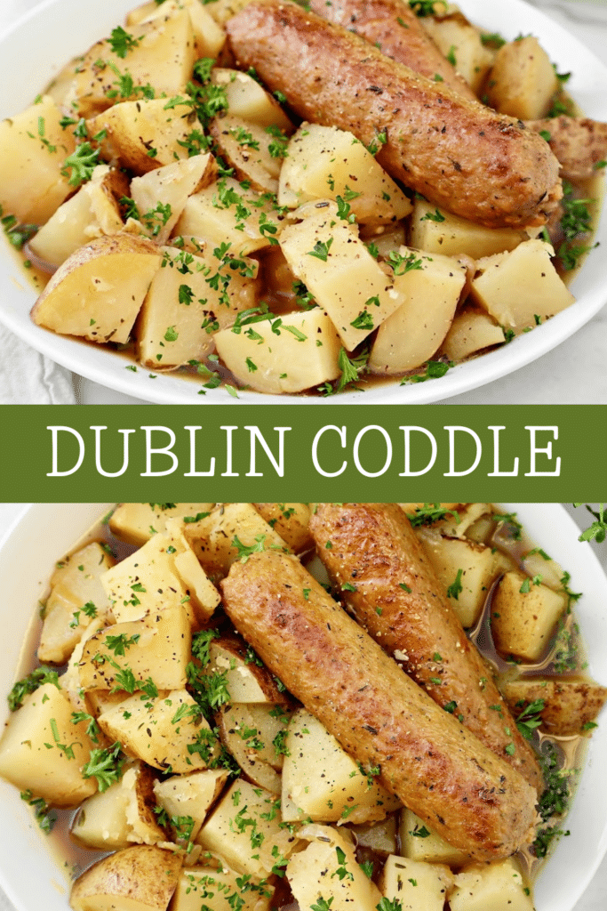 A bowl of Dublin Coddle, a hearty Irish stew made with plant-based sausages, potatoes, and a rich, savory Guinness broth.