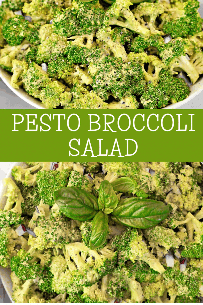 Two bowls of broccoli salad topped with pesto, diced onions, and fresh basil leaves, with the text Pesto Broccoli Salad in a green banner between the images.