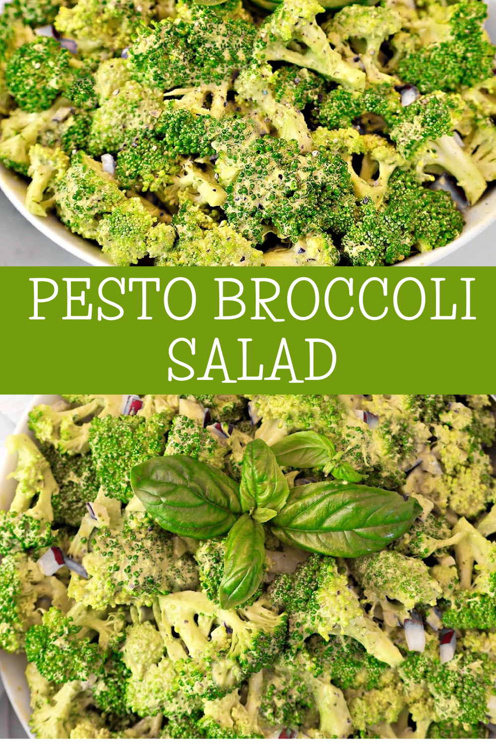 Pesto Broccoli Salad is a crunchy side dish tossed in creamy basil dressing. Easy to make, great for meal prep, and full of fresh flavor. via @thiswifecooks