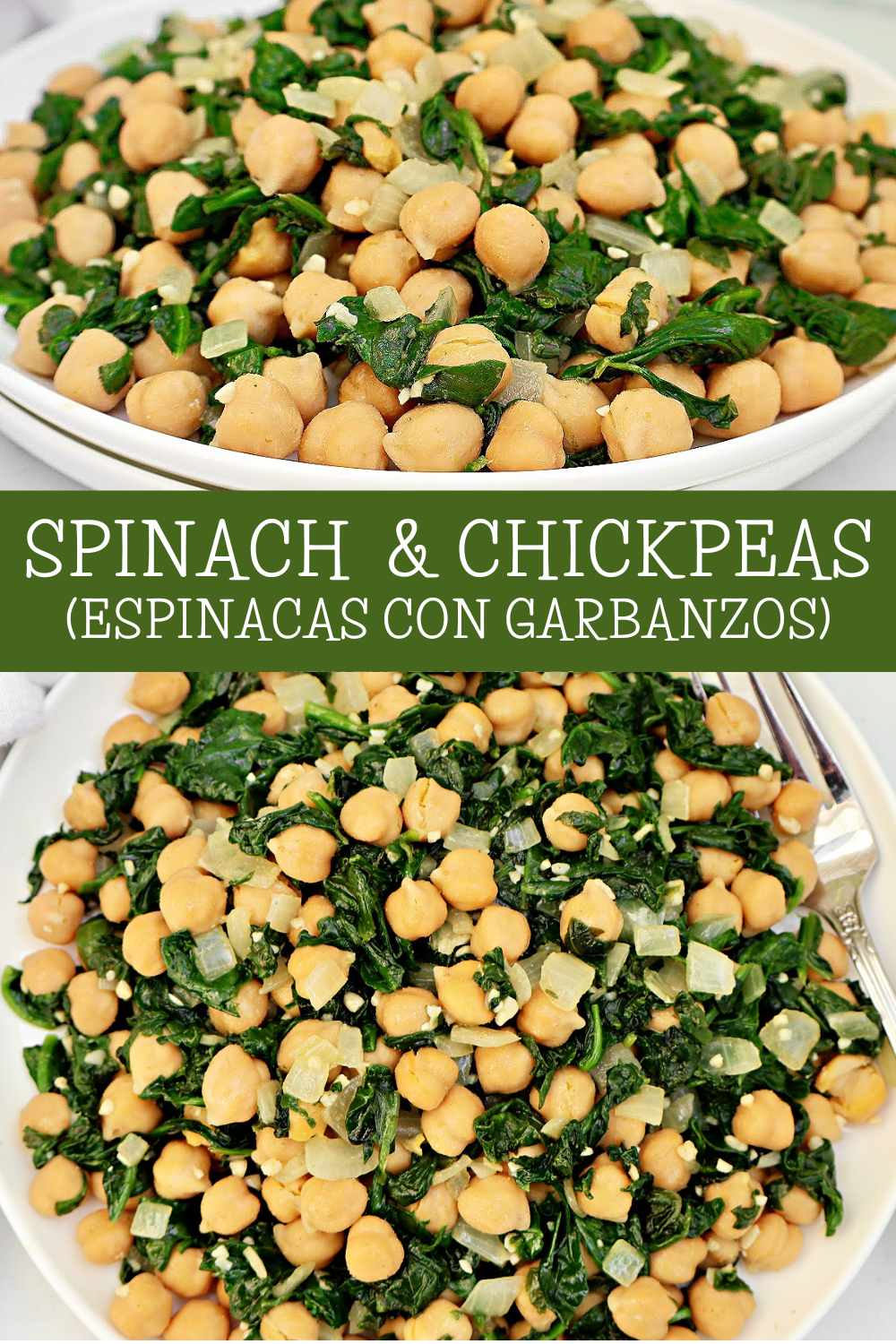 Spinach with Chickpeas (Espinacas con Garbanzos) is a Spanish-style dish of sautéed spinach and chickpeas with onion, garlic, and cumin. Hearty, healthy, and ready in under 15 minutes. via @thiswifecooks