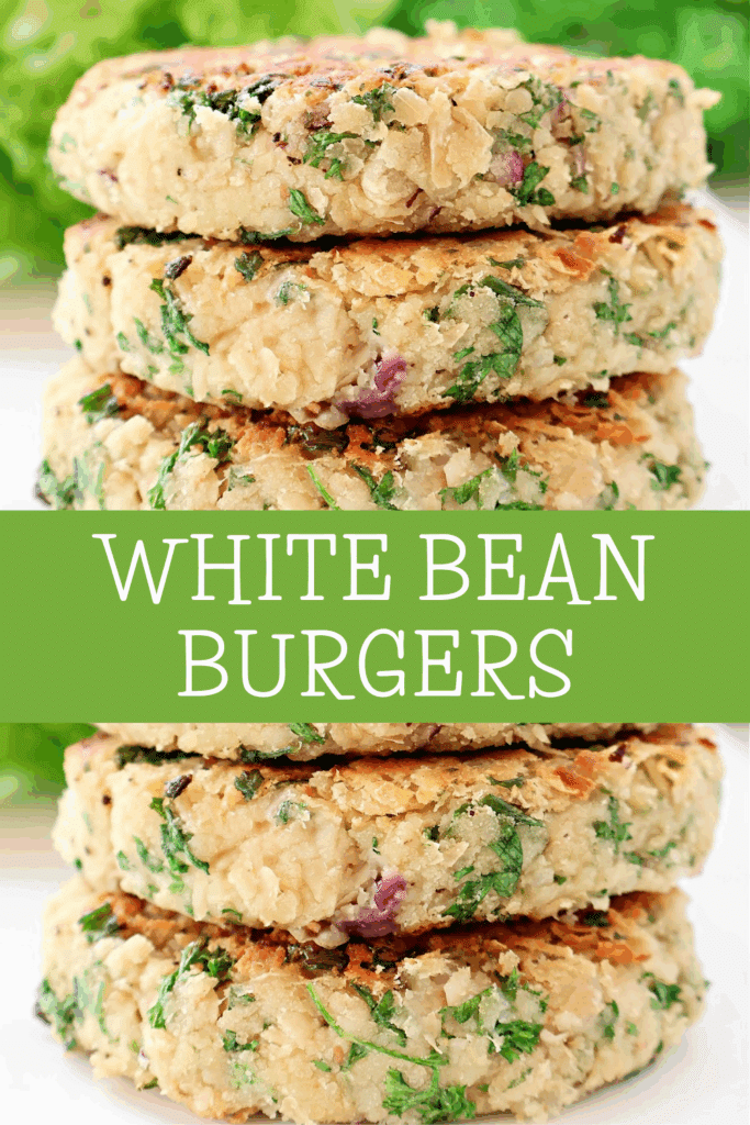 A close-up of three stacked white bean burgers with visible chopped herbs and beans. The text WHITE BEAN BURGERS is overlaid on a green banner across the center of the image.