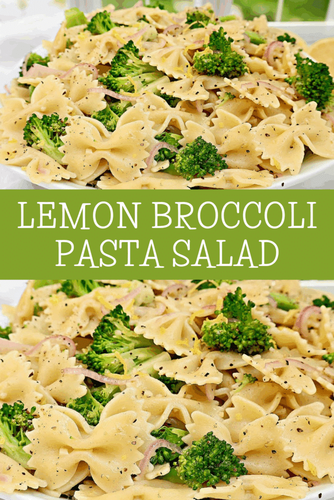 A close-up of bowtie pasta salad mixed with broccoli florets, red onions, and black pepper, served on a white plate. Text overlay reads: Lemon Broccoli Pasta Salad.
