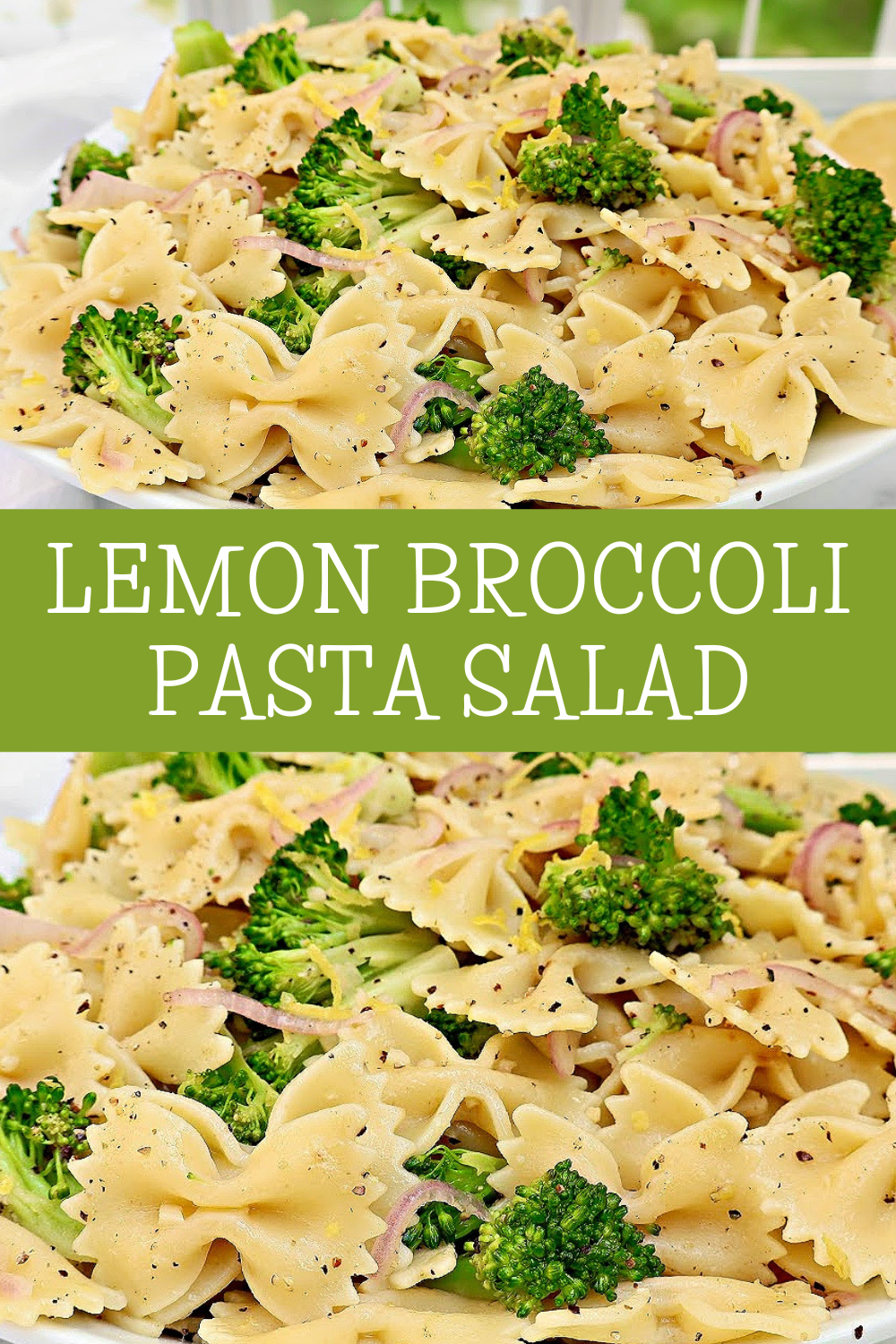 Fresh and bright! Lemon Broccoli Pasta Salad is a chilled side dish with farfalle, broccoli, and a lemony garlic dressing. Great for spring and summer! via @thiswifecooks