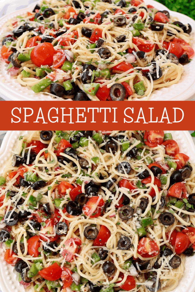 Spaghetti salad with cherry tomatoes, black olives, green bell peppers, and grated cheese, served on a white plate. Text SPAGHETTI SALAD appears between two images of the dish.