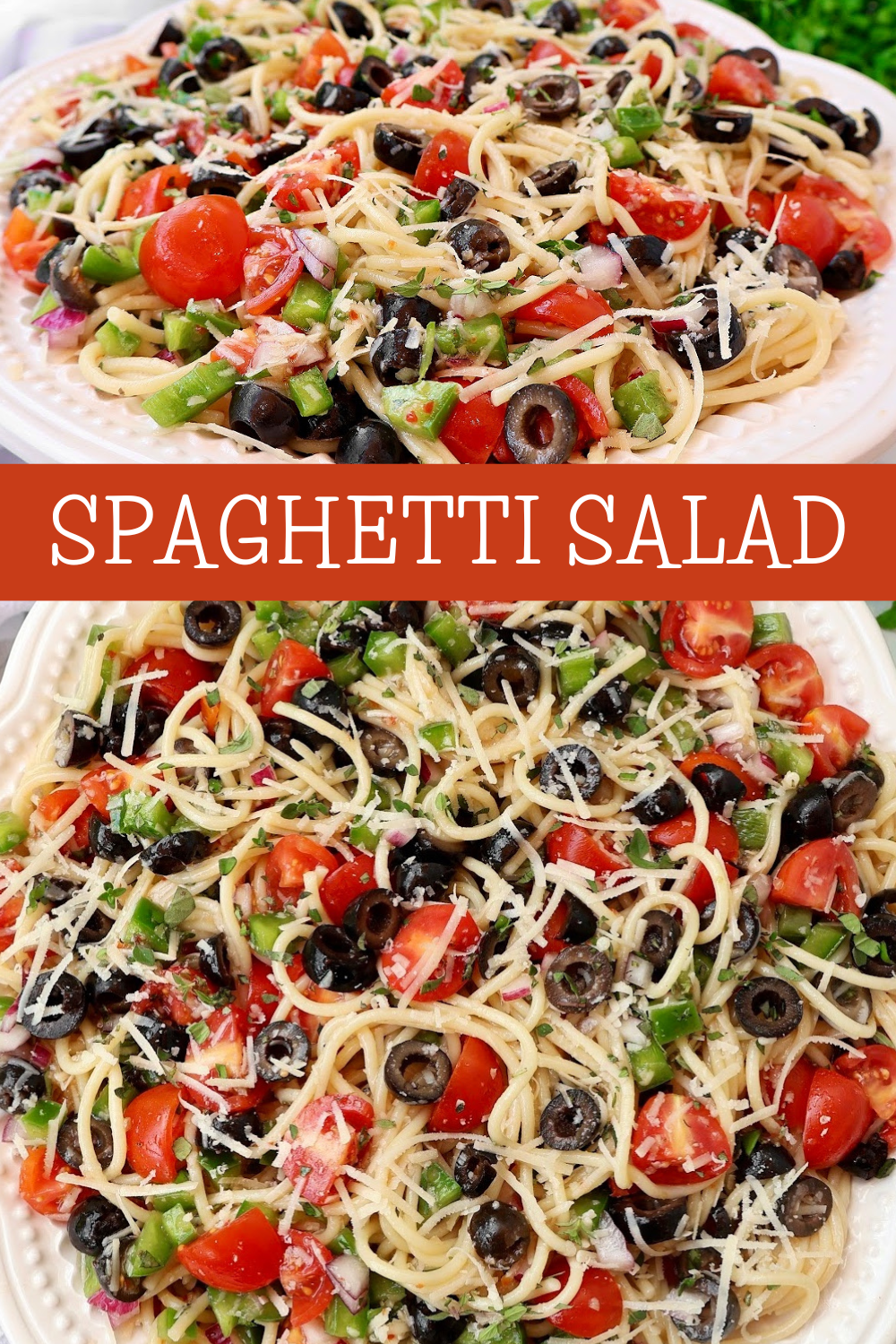 Cold Spaghetti Salad with Italian dressing, fresh vegetables, herbs, and Parmesan. An easy, make-ahead pasta salad that’s great for summer potlucks, picnics, or light dinners. via @thiswifecooks