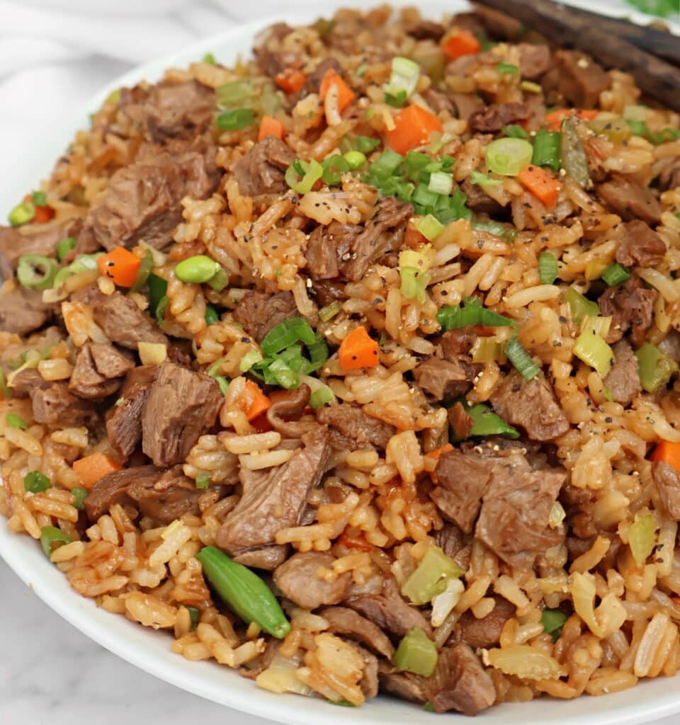 A close-up of a bowl filled with fried rice, diced vegan beef, carrots, green onions, peas, and seasonings, garnished with chopped scallions.