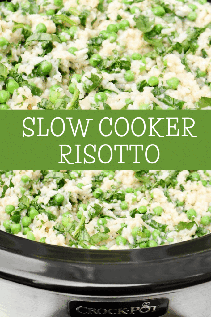 Close-up of creamy slow cooker risotto with peas and herbs in a Crockpot. Text overlay in the center reads SLOW COOKER RISOTTO, with the Crockpot label visible at the bottom.