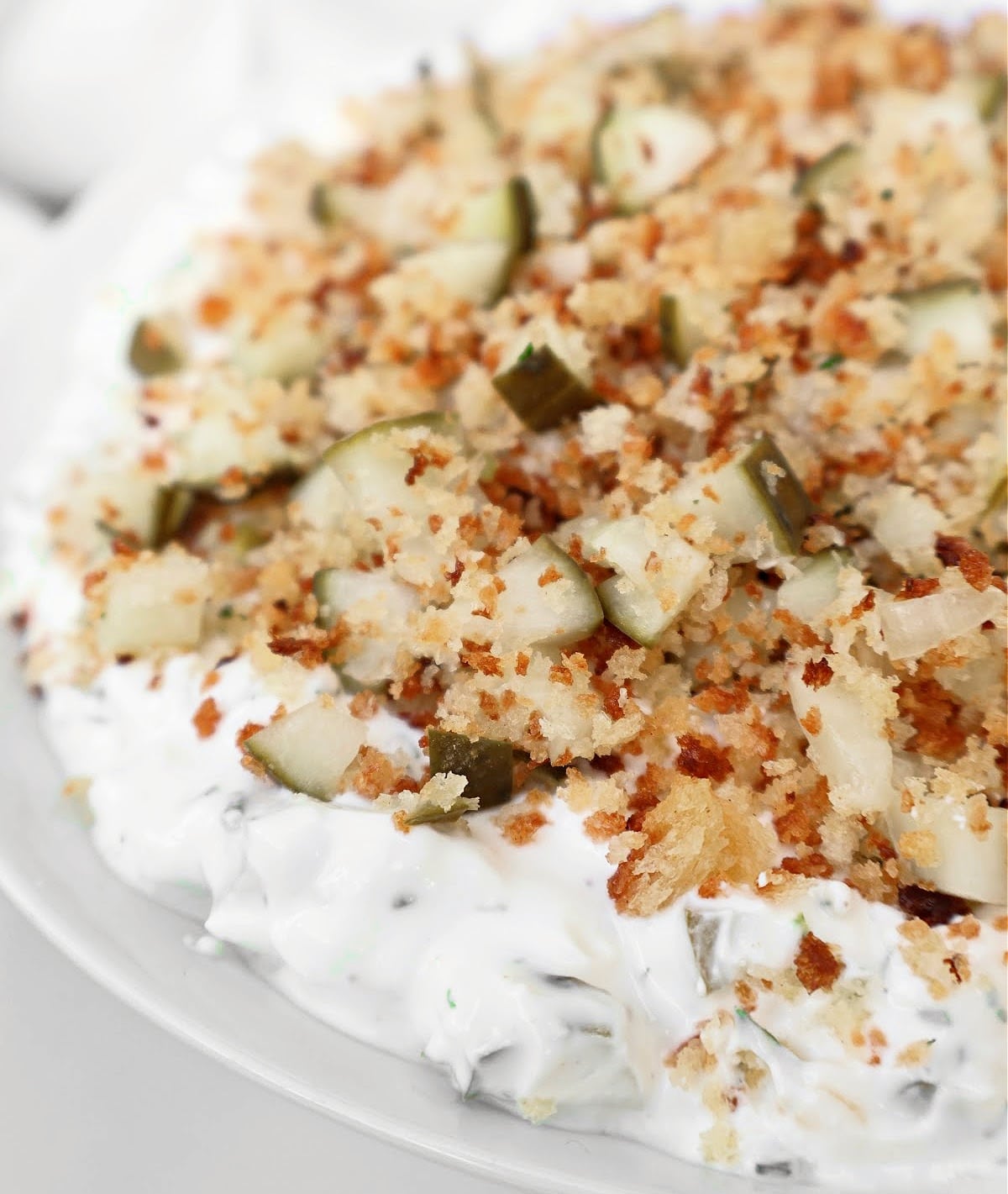 A close-up of a creamy dip topped with breadcrumbs and chopped pickles, served on a white plate. The dip appears thick and garnished for added texture and flavor.