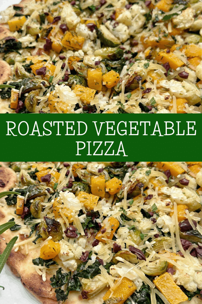 Close-up of a pizza topped with roasted vegetables, shredded cheese, and herbs. A green banner across the middle reads ROASTED VEGETABLE PIZZA in white text.