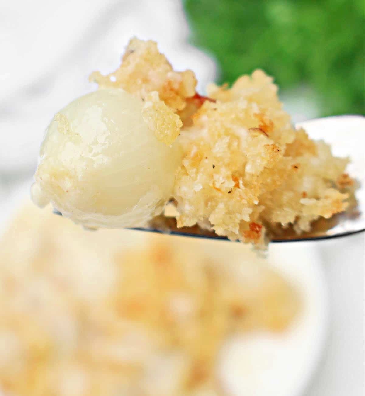 A close-up of a fork holding a bite of cheesy creamed onions topped with golden, crispy breadcrumbs. The background is blurred, showcasing a plate of creamy pearl onions and some green garnish.
