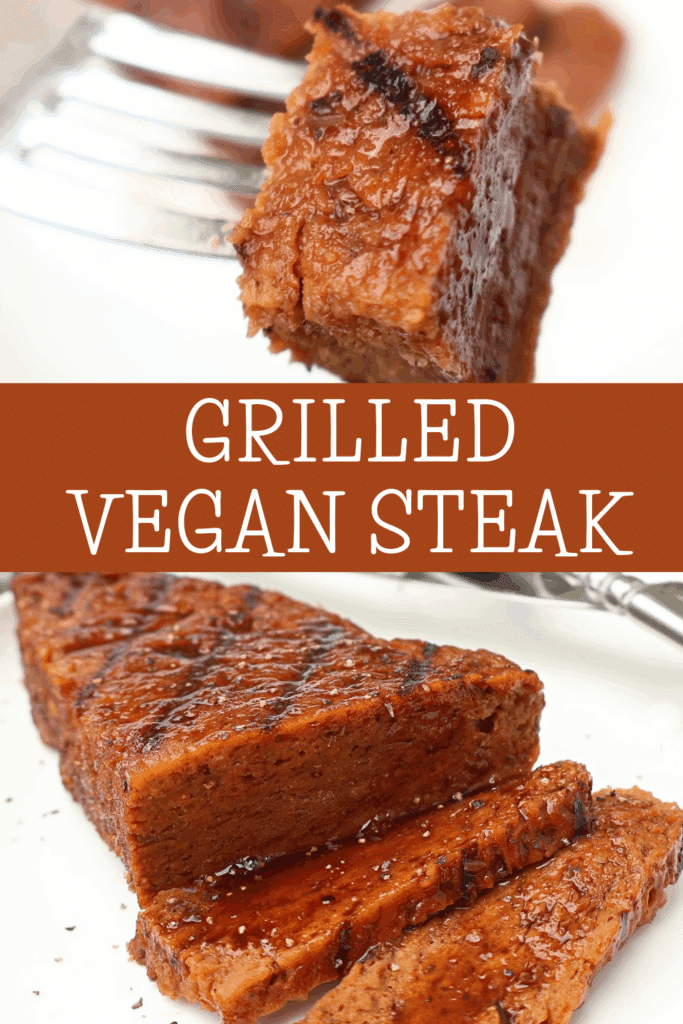 A close-up of sliced, grilled vegan steak on a white plate, with one piece held up by a fork. The texture is juicy and seared, with visible grill marks. Text in the center reads, “GRILLED VEGAN STEAK.”.