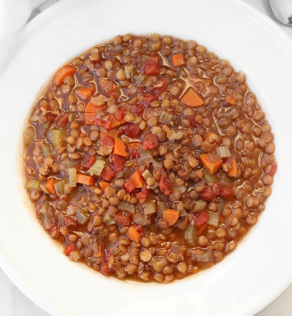 A bowl of lentil soup with diced carrots, celery, tomatoes, and lentils in a rich broth, served in a white bowl.