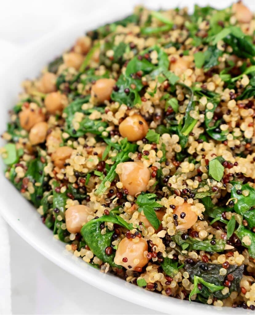 A close-up of a white bowl filled with quinoa, chickpeas, and fresh spinach, garnished with herbs. The dish appears colorful and healthy, showcasing green leaves and a mix of light and dark quinoa grains.