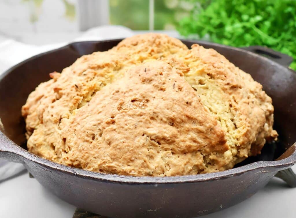 A round, golden-brown loaf of Irish soda bread with caraway sits in a black cast iron skillet, its textured, rustic crust inviting. Green leafy plants and a window are softly blurred in the background.