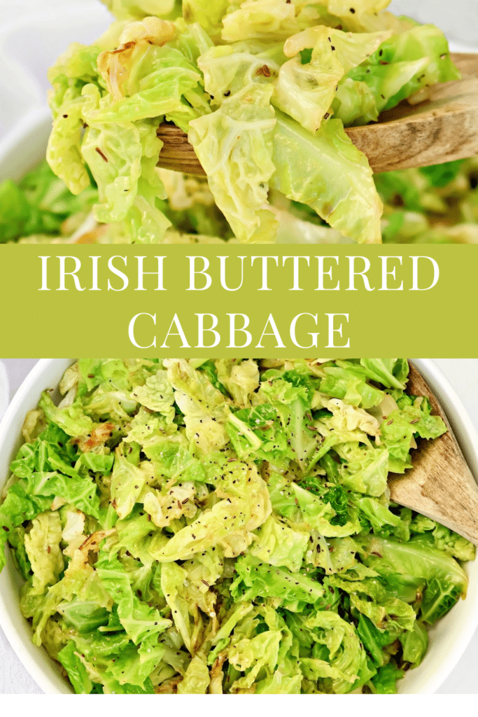 Close-up of chopped cooked cabbage mixed with butter and black pepper in a white bowl with wooden spoons. Text overlay in the center reads IRISH BUTTERED CABBAGE.