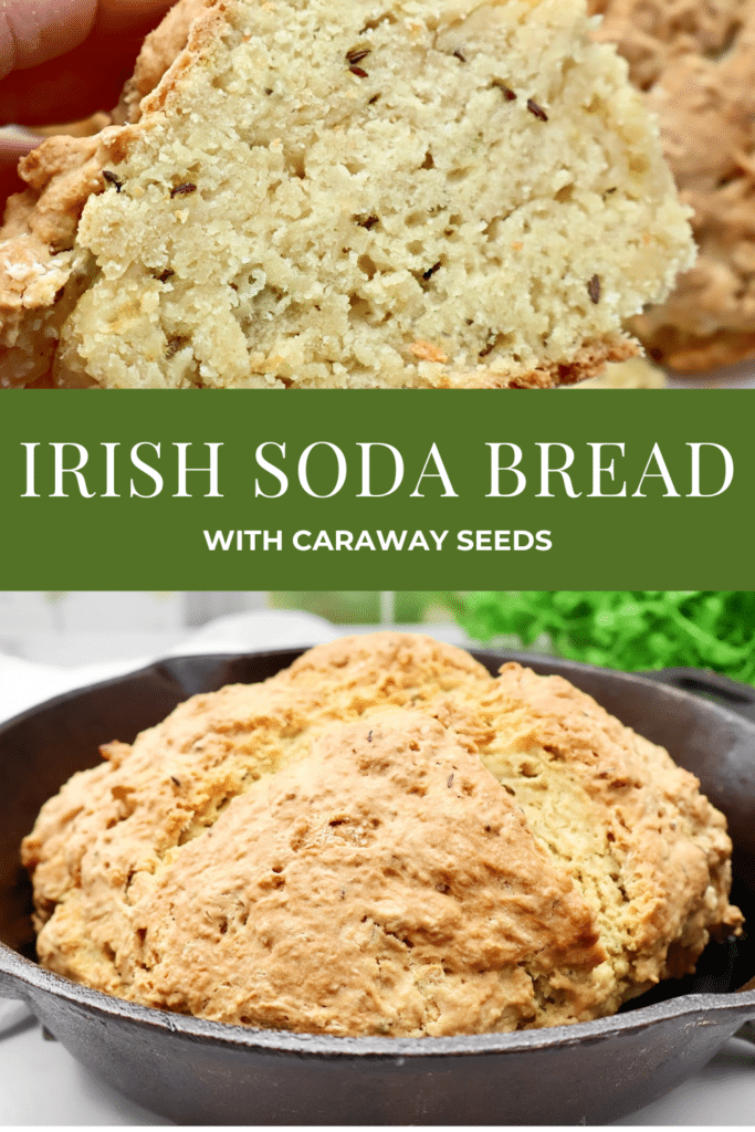 A loaf of Irish soda bread with caraway rests in a cast iron skillet. Above, a close-up highlights the crumb and seeds. Text overlay reads: Irish Soda Bread with Caraway Seeds.