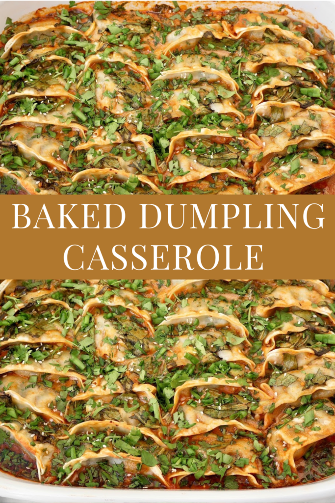A casserole dish filled with neatly arranged baked dumplings, topped with chopped herbs and sauce. The words Baked Dumpling Casserole are displayed across the center of the image.