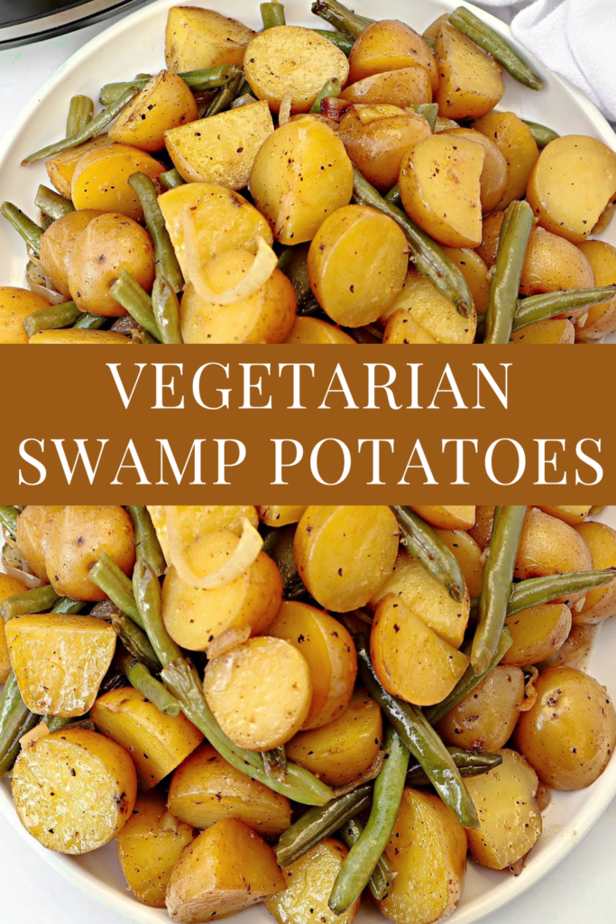 A plate filled with sliced cooked potatoes and green beans, seasoned and garnished, showcases a delicious Southern green beans recipe. Text across the center reads Vegetarian Swamp Potatoes.