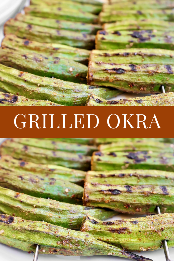 Fresh green okra pods are skewered and grilled, showing char marks and seasoning. The image is divided in half with the text “Smoky Grilled Okra” in bold white letters on a brown background across the center.