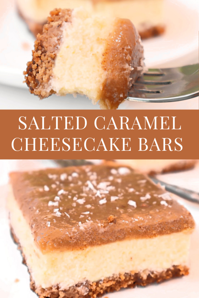 Close-up of homemade cheesecake bars, one with a bite on a fork above a whole bar, revealing creamy layers and sprinkled sea salt on top. Text overlay reads “Salted Caramel Cheesecake Bars.”.